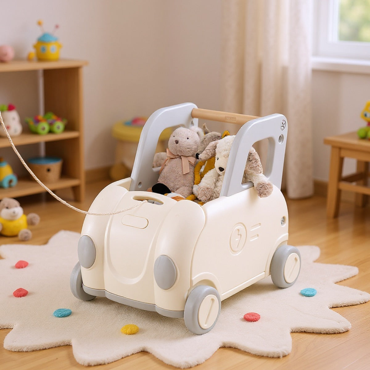 LIVSK Kinderloopwagen - Opvouwbare Zitting - Trekkoord 70 cm - Veilig HDPE - Voor 18-36 maanden - Wit