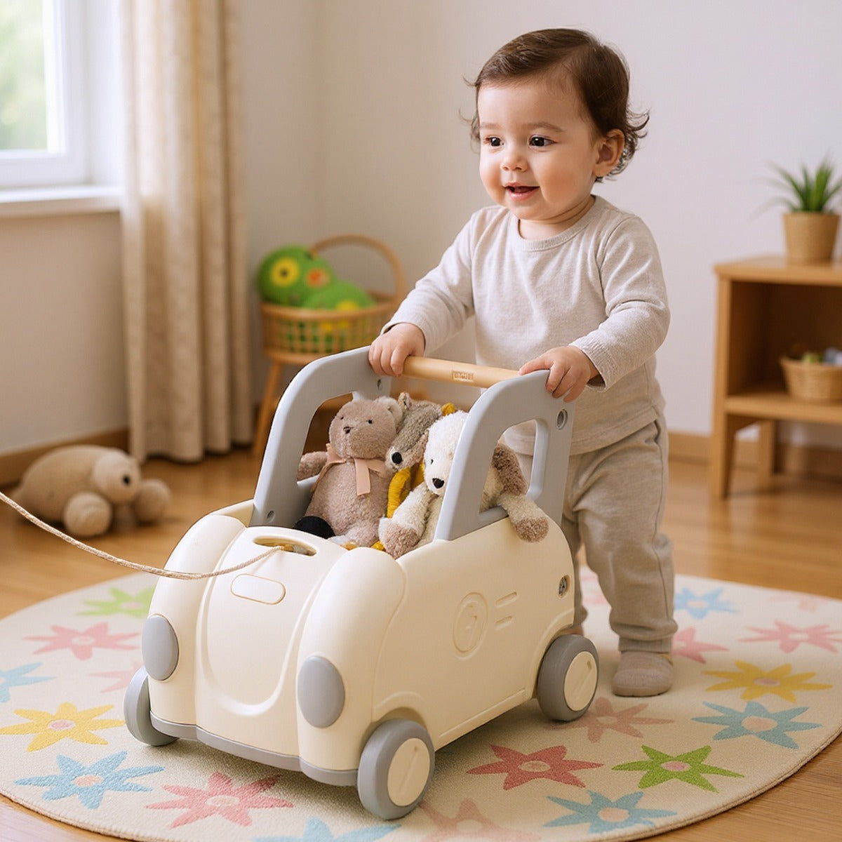 LIVSK Kinderloopwagen - Opvouwbare Zitting - Trekkoord 70 cm - Veilig HDPE - Voor 18-36 maanden - Wit