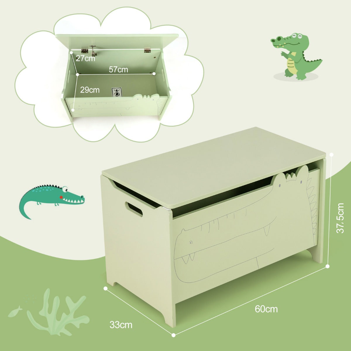 LIVSK Speelgoedkist Krokodilvorm - Voldoende Opbergruimte - Veiligheidsscharnier - Afgeronde Hoeken - Hoogwaardig MDF - Groen