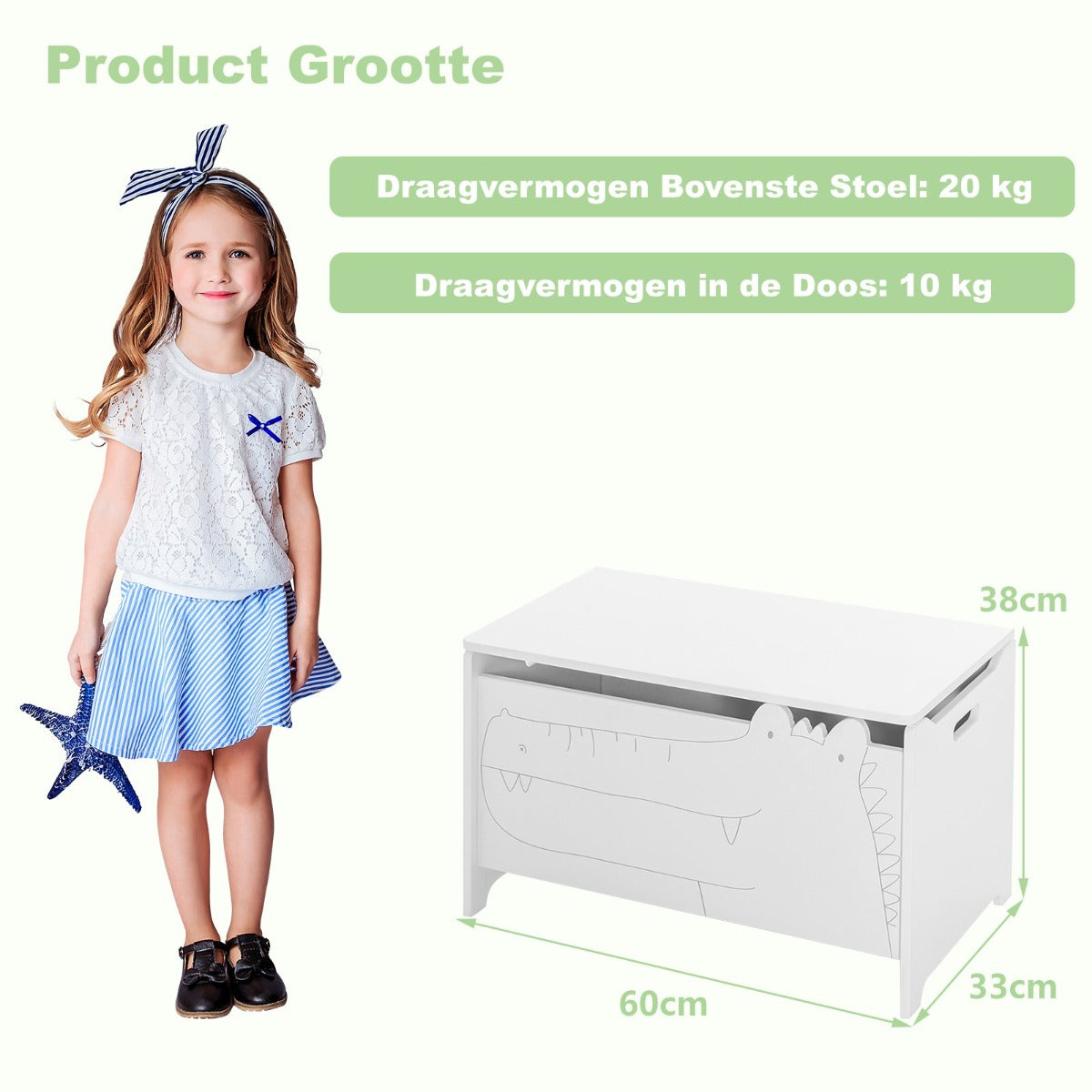 LIVSK Speelgoedkist Krokodil - Veiligheidsscharnier - Handgrepen - Ruimte voor Speelgoed en Boeken - 60 x 33 x 37,5 cm - Wit