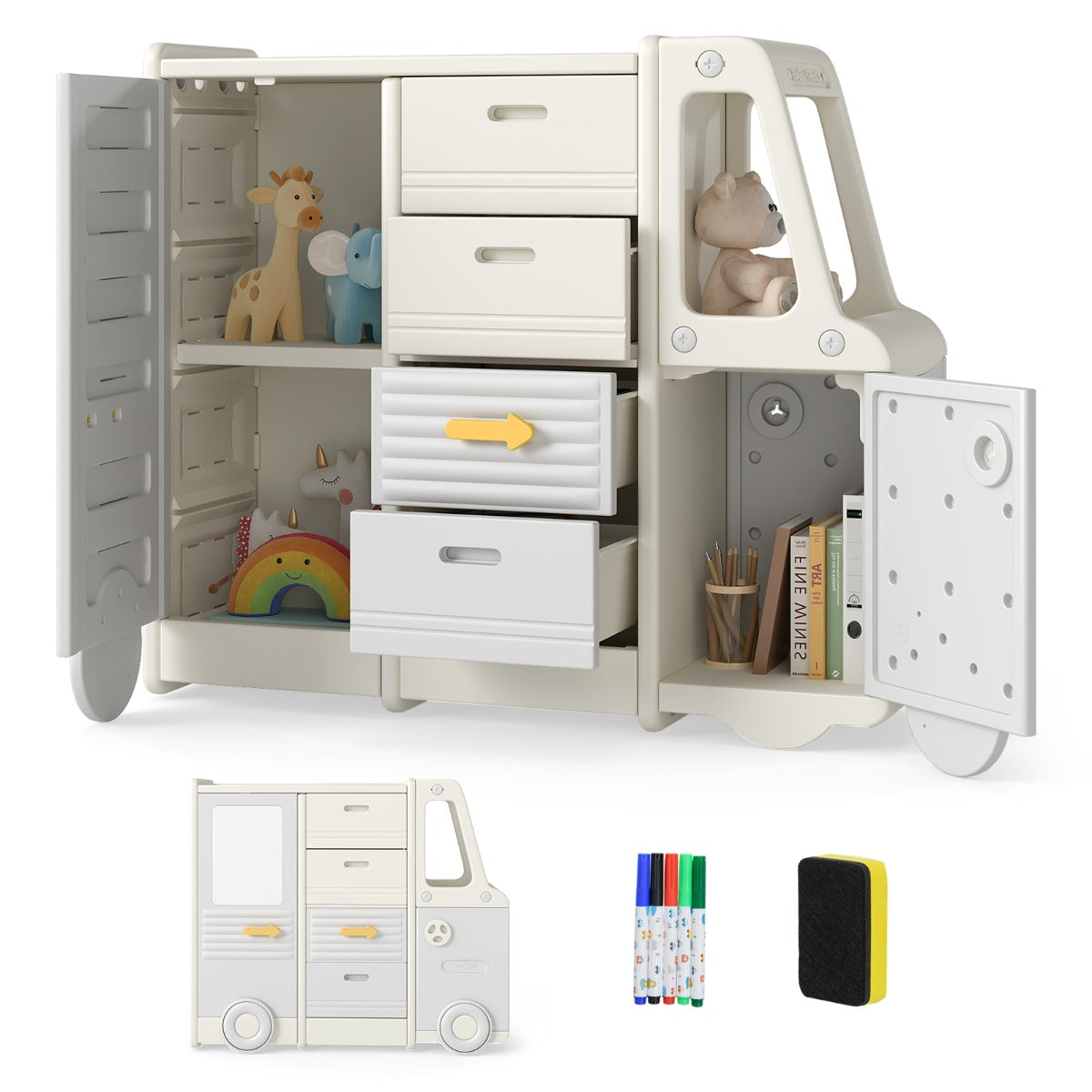 LIVSK Speelgoedorganizer in Busvorm - 4 Laden, 2 Kasten, Werkblad & Whiteboard - Veilig HDPE & PP - Beige + Grijs