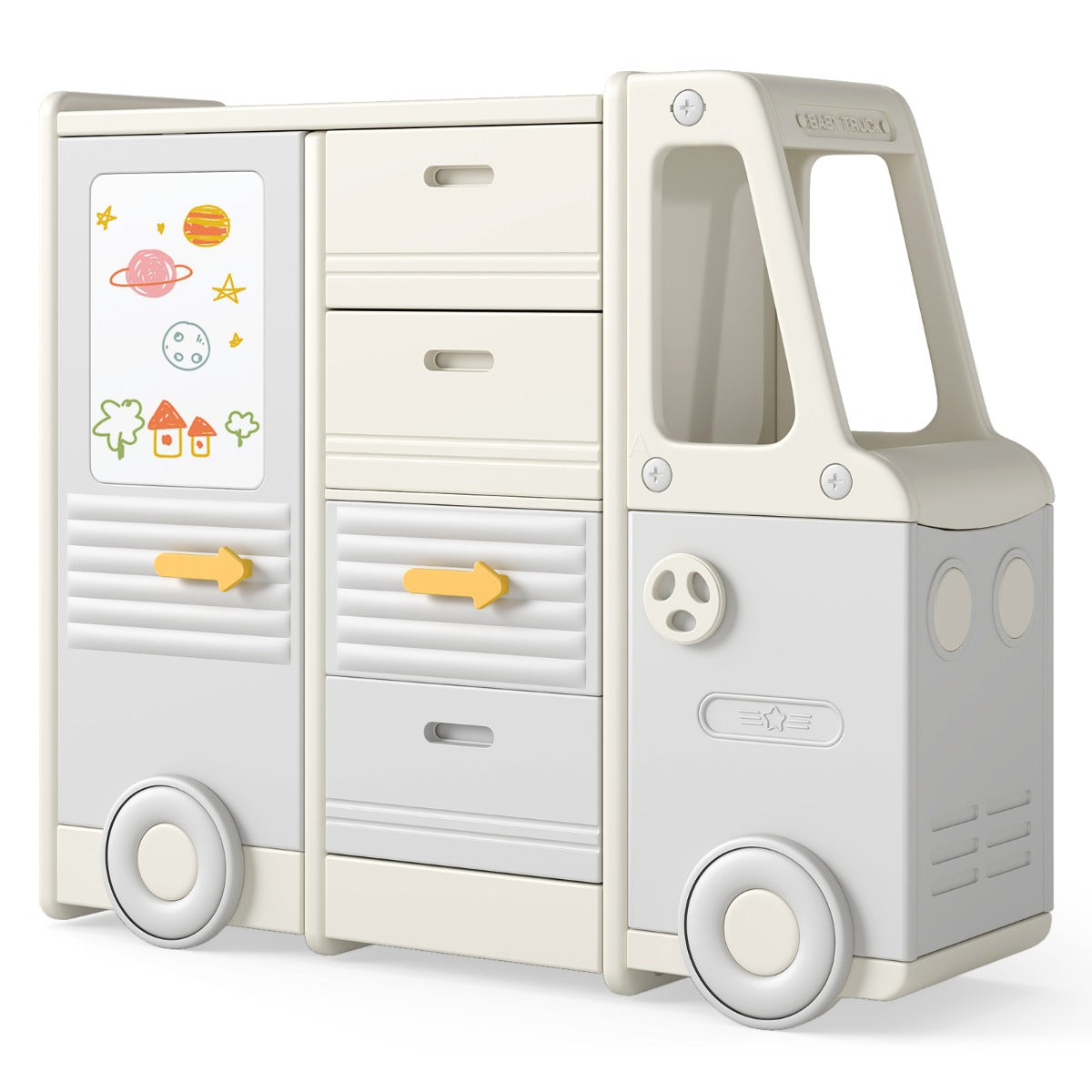 LIVSK Speelgoedorganizer in Busvorm - 4 Laden, 2 Kasten, Werkblad & Whiteboard - Veilig HDPE & PP - Beige + Grijs