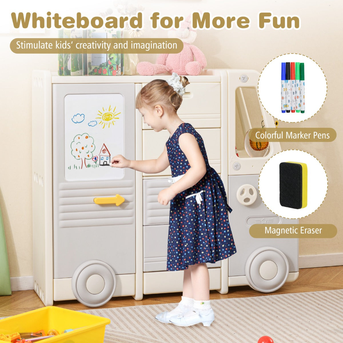 LIVSK Speelgoedorganizer in Busvorm - 4 Laden, 2 Kasten, Werkblad & Whiteboard - Veilig HDPE & PP - Beige + Grijs