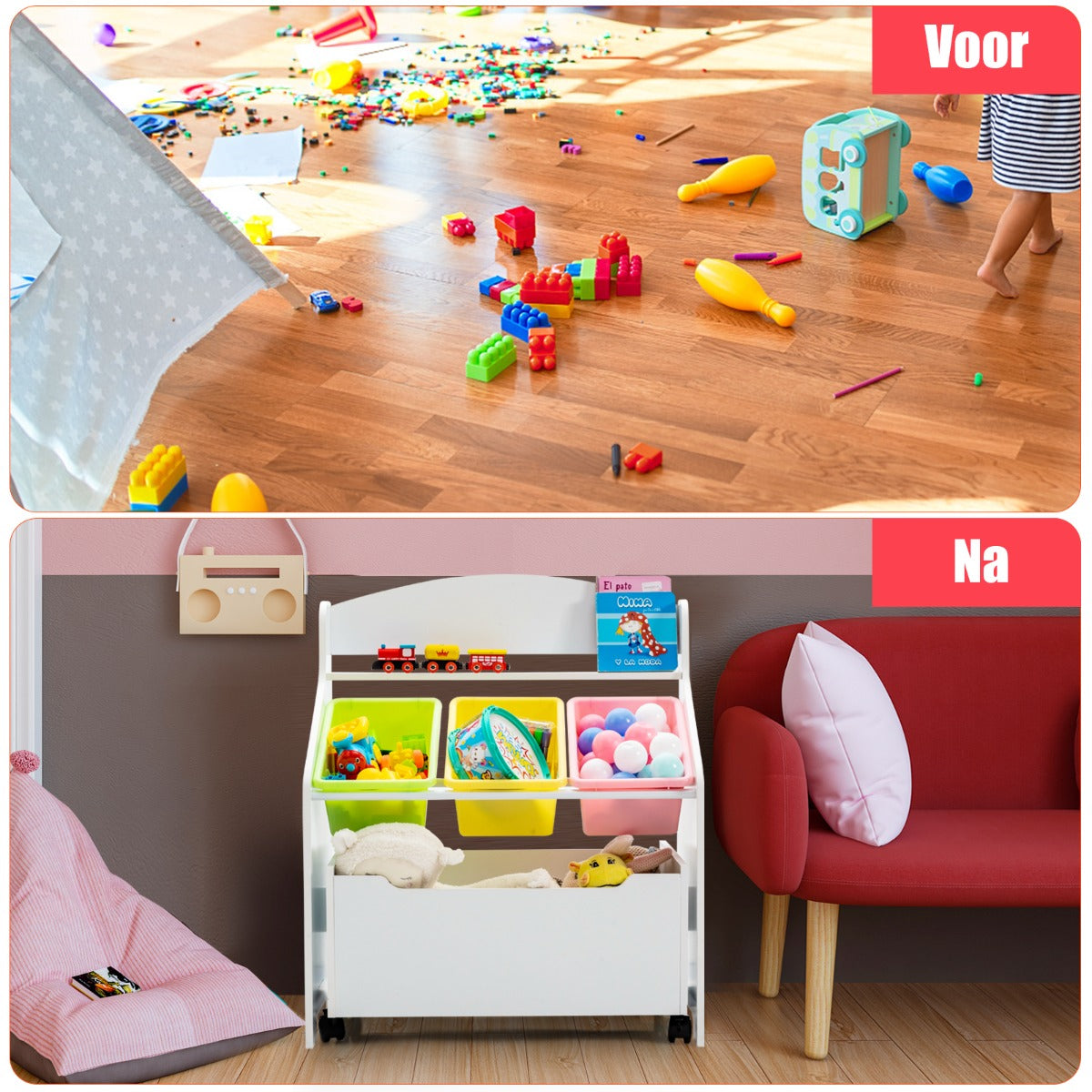 LIVSK Speelgoedkastje met Wieltjes - Ruime Opbergruimte - Kindvriendelijk Design - Milieuvriendelijk MDF - 63,5 x 38 x 76,5 cm -
