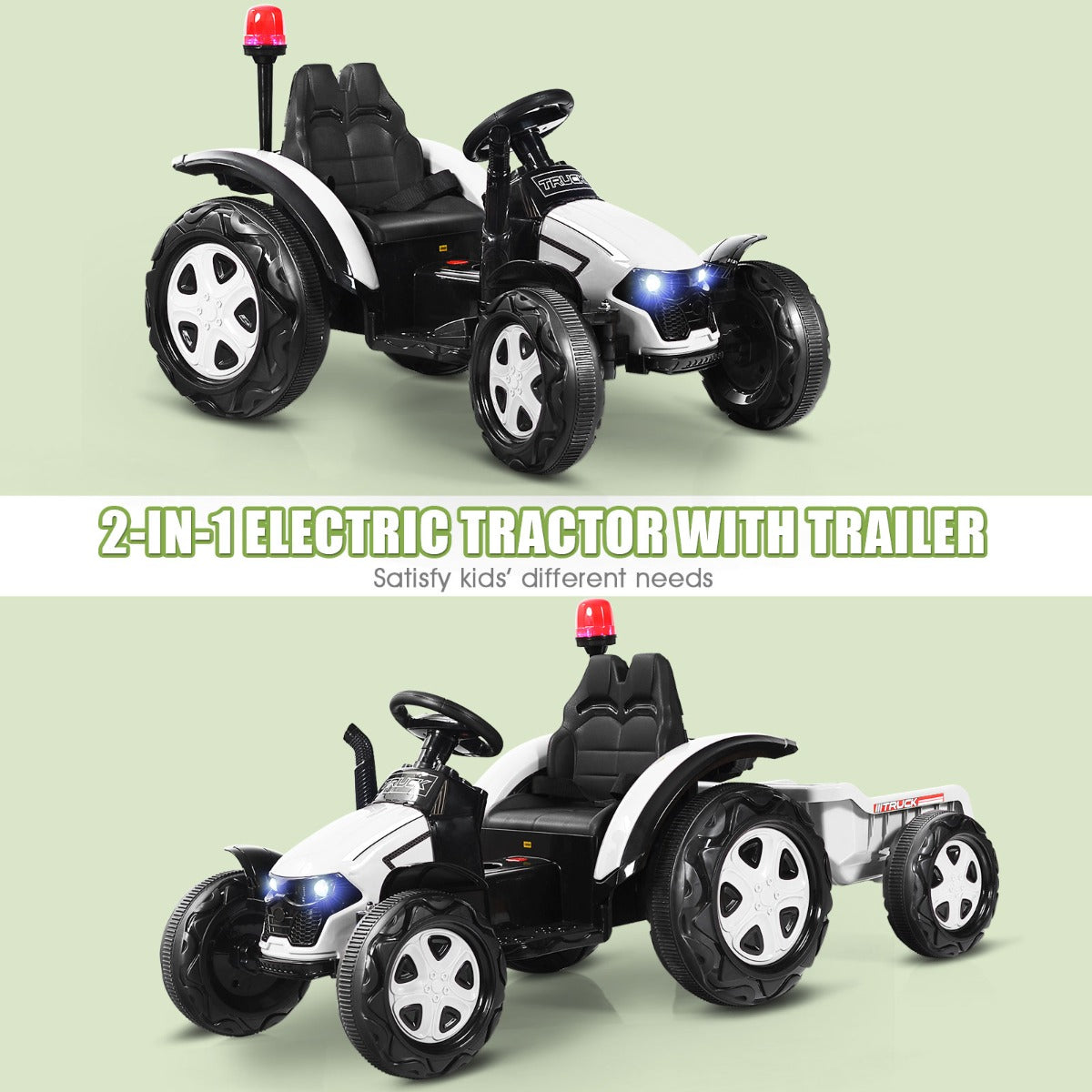LIVSK Speelgoedtractor met Aanhangwagen - 12V - Muziekspeler - Veiligheidsgordel - Eenvoudig te Monteren - Wit