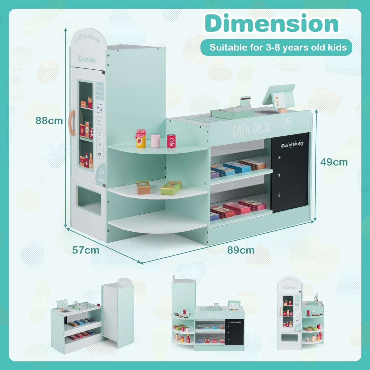 Livsk costway speelgoedwinkel voor kinderen van 3 tot 8 jaar met een breed assortiment aan accessoires groen 2