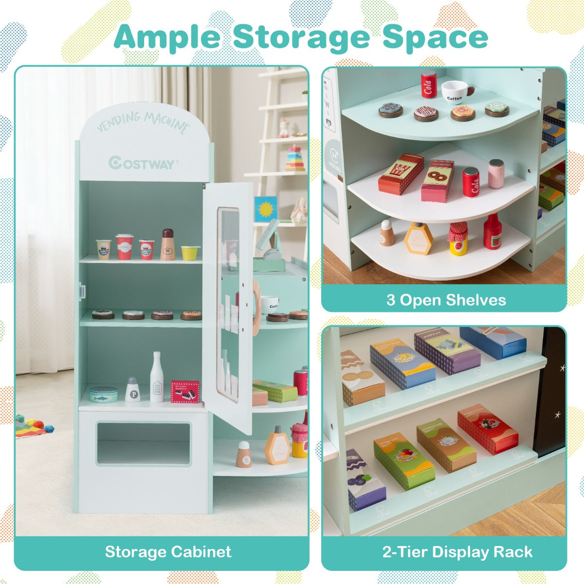 Livsk costway speelgoedwinkel voor kinderen van 3 tot 8 jaar met een breed assortiment aan accessoires groen 6