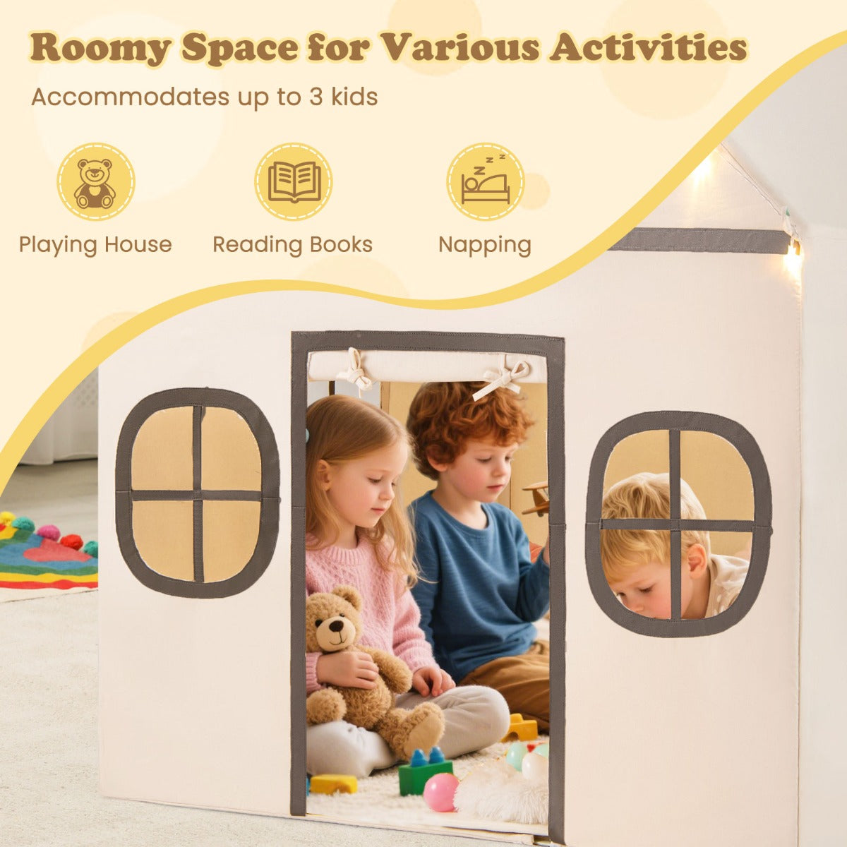 LIVSK Kinderspeeltent - Ruimte voor 3 Kinderen - Zachte Koraalpluche Mat - Ventilatieramen - Sterrenlamp - 120 x 101 x 143 cm -