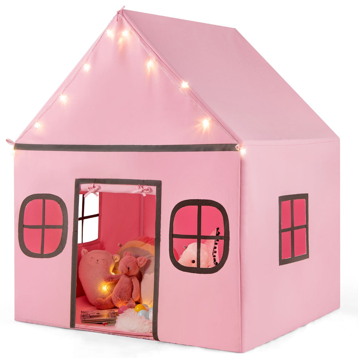 LIVSK Kinderspeeltent - Ruimte voor 3 Kinderen - Zachte Koraalpluche Mat - Duurzame PVC-Buizen - Met Sterrenlichten - Roze