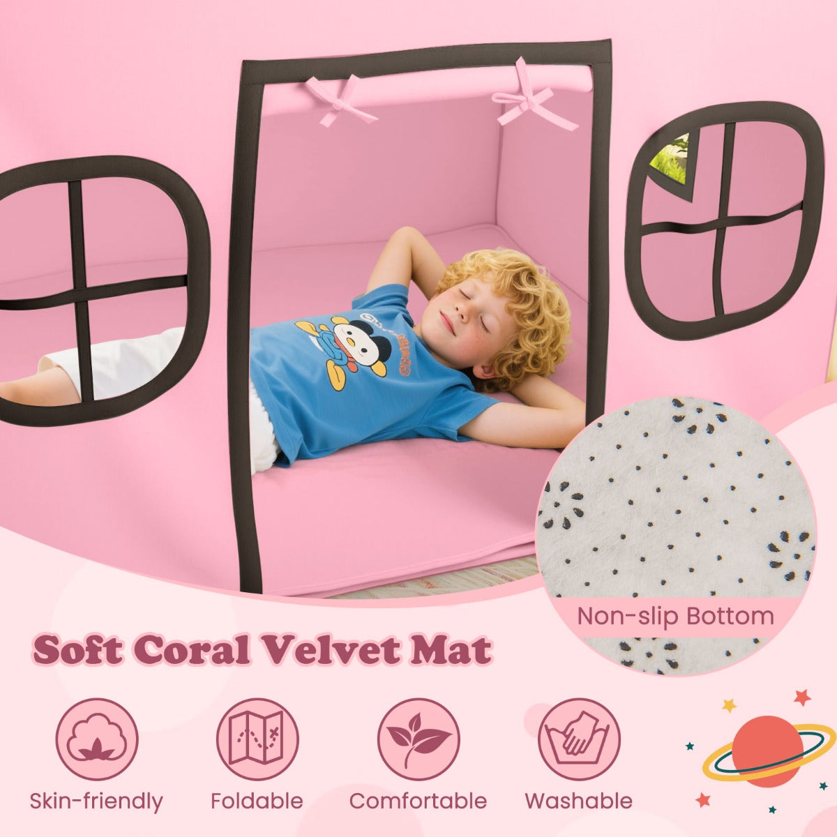 LIVSK Kinderspeeltent - Ruimte voor 3 Kinderen - Zachte Koraalpluche Mat - Duurzame PVC-Buizen - Met Sterrenlichten - Roze