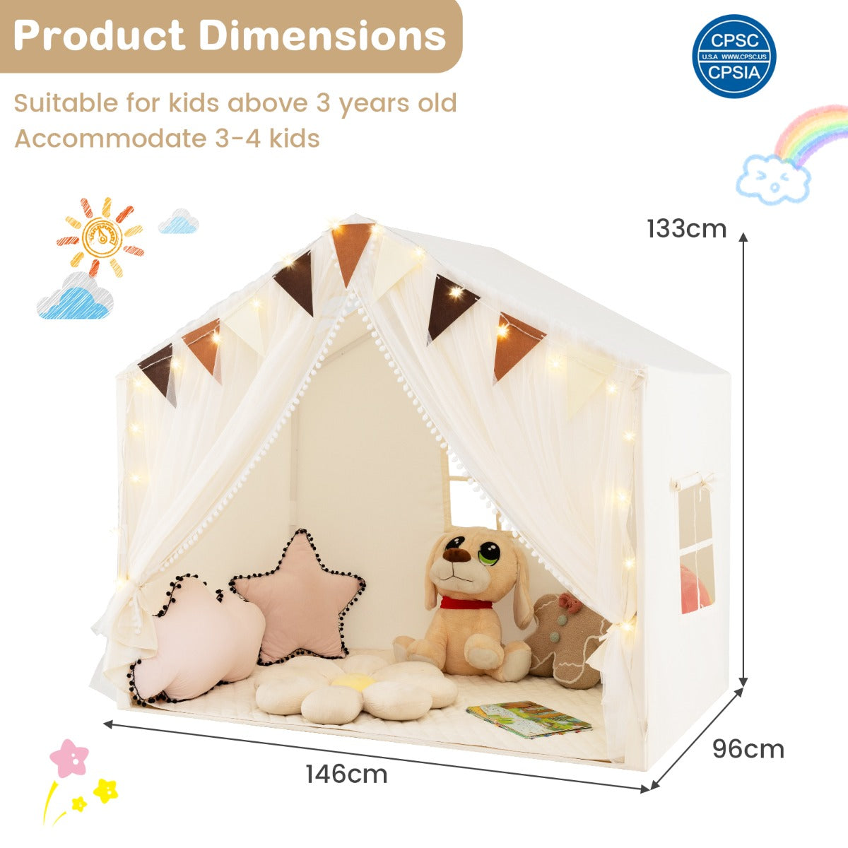 LIVSK Kindvriendelijke Speeltent - Voor 3-4 Kinderen - Inclusief Sterrenlichten en Vlaggetjes - Comfortabele Mat - Beige