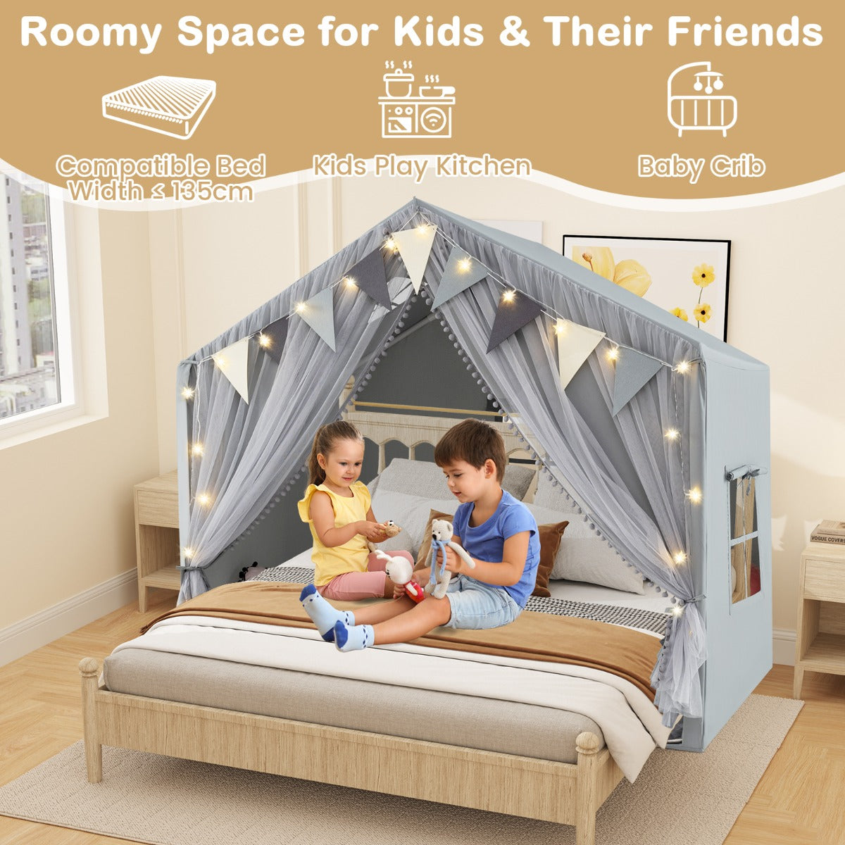 Livsk costway speelhuis voor kinderen kindertent met mat en verlichting speeltent voor kinderen prinsessenspeelhuis kinderkamerdecoratie grijs 2