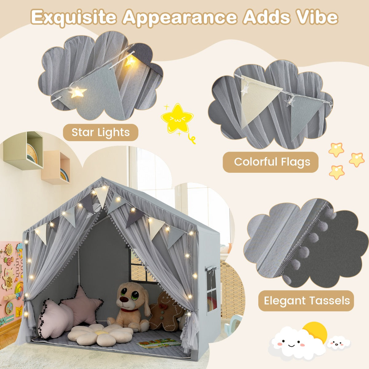 Livsk costway speelhuis voor kinderen kindertent met mat en verlichting speeltent voor kinderen prinsessenspeelhuis kinderkamerdecoratie grijs 4