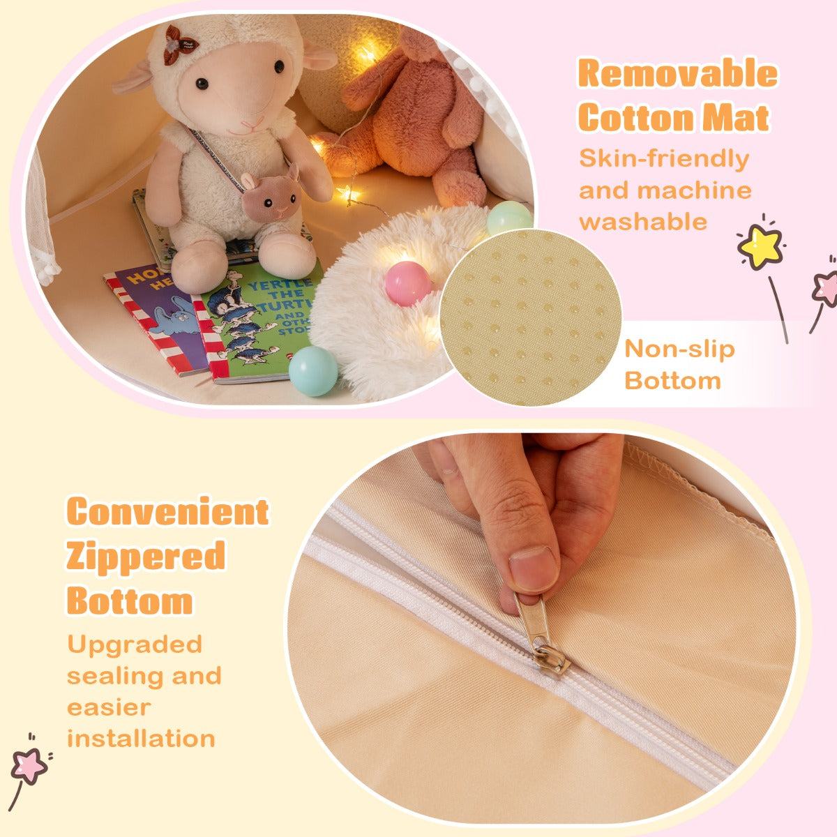Livsk costway speelhuisje voor kinderen met sterrenlichtjes ramen mat en dubbele gordijnen kinder tent beige 5