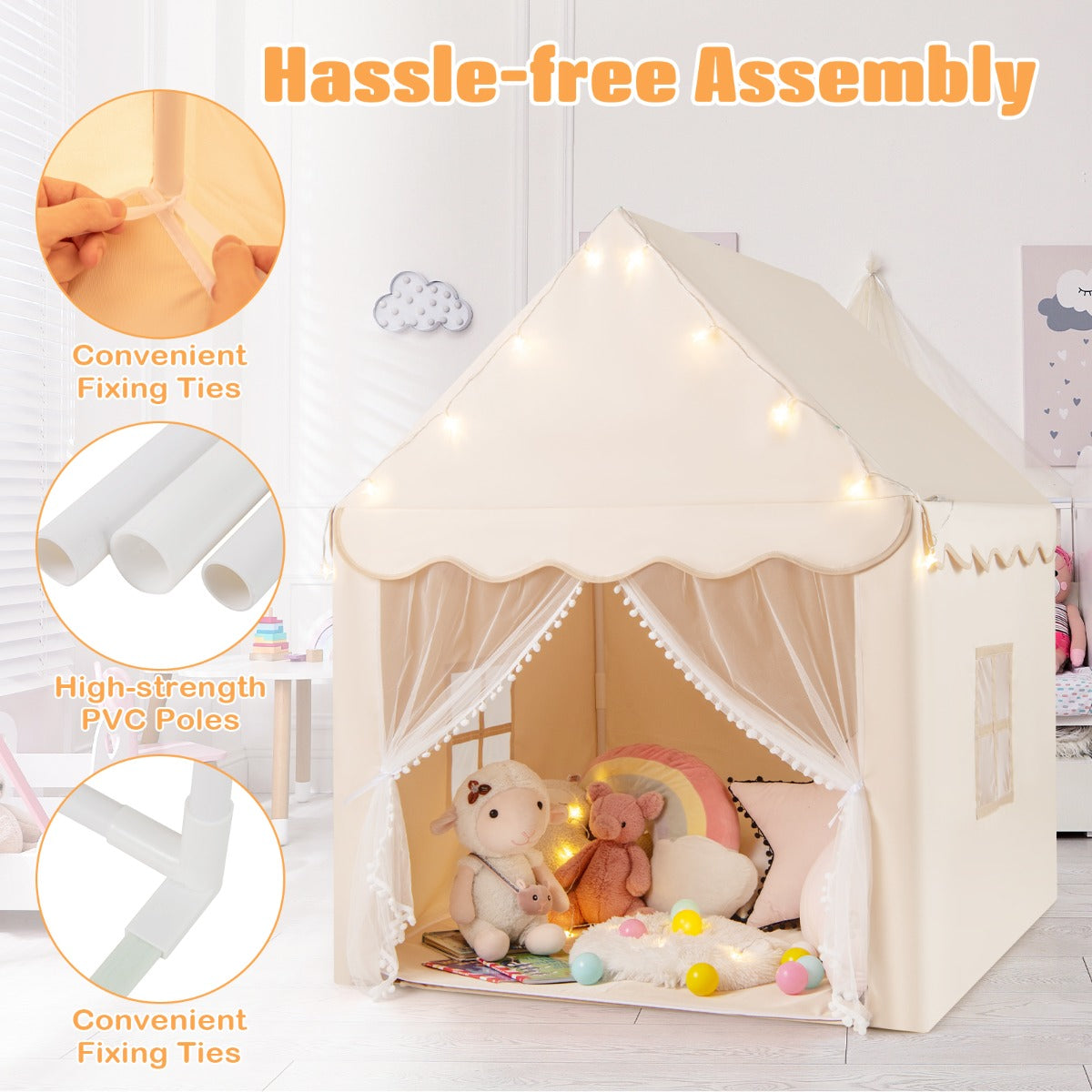 Livsk costway speelhuisje voor kinderen met sterrenlichtjes ramen mat en dubbele gordijnen kinder tent beige 6