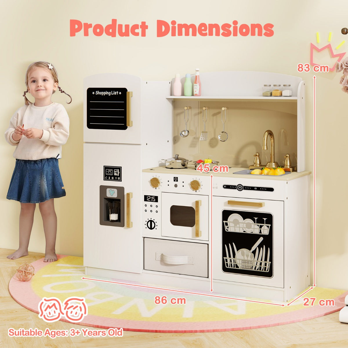 LIVSK Houten Speelkeuken met Oplichtende Magnetron - IJsblokjesmachine - Krijtbord - Inclusief Accessoires - 86 x 27 x 83 cm - Wit