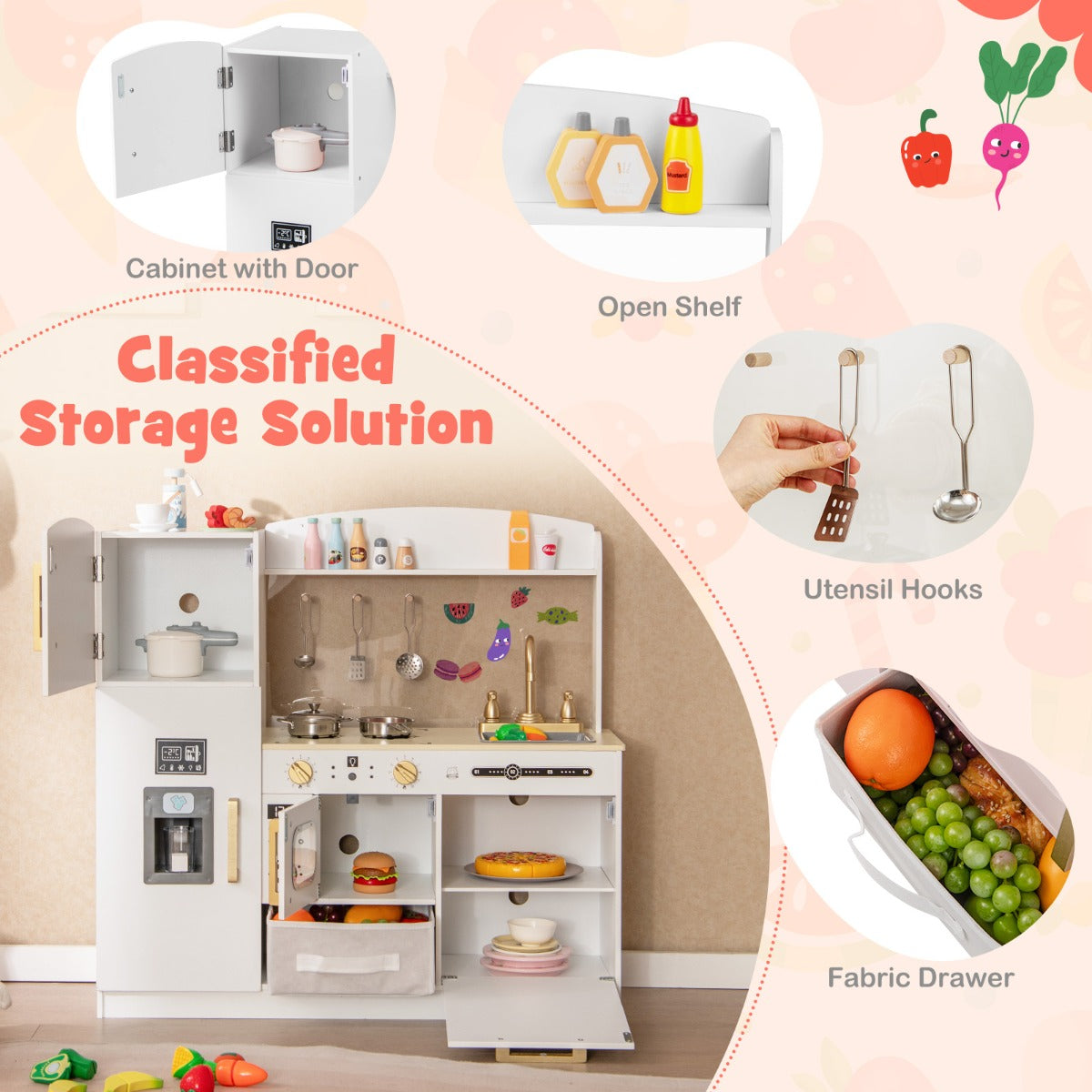 LIVSK Houten Speelkeuken met Oplichtende Magnetron - IJsblokjesmachine - Krijtbord - Inclusief Accessoires - 86 x 27 x 83 cm - Wit