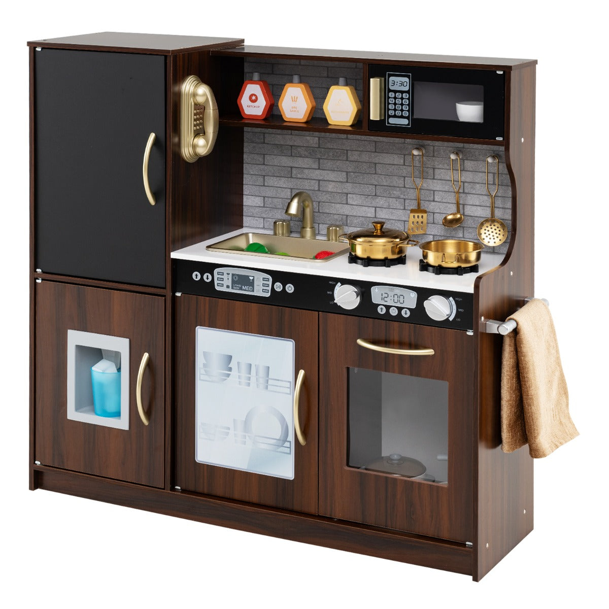 LIVSK Speelkeuken Voor Peuters - Compleet met Magnetron, Gootsteen en Geluiden - Inclusief Accessoires - 82 x 24 x 80 cm - Bruin