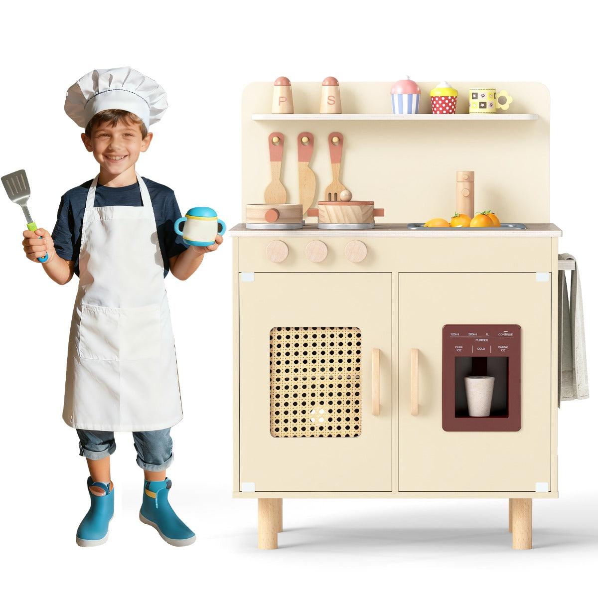 Livsk costway speelkeuken voor kinderen houten keuken met realistische ijsmachine fornuis accessoires gootsteen speelgoedkeuken met opbergruimte kinderkeuken met licht geluid geel 1
