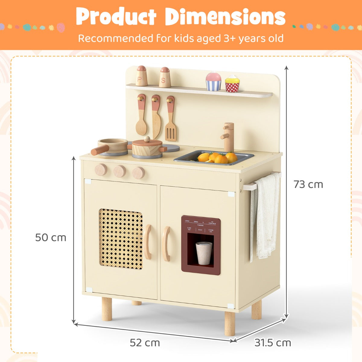 Livsk costway speelkeuken voor kinderen houten keuken met realistische ijsmachine fornuis accessoires gootsteen speelgoedkeuken met opbergruimte kinderkeuken met licht geluid geel