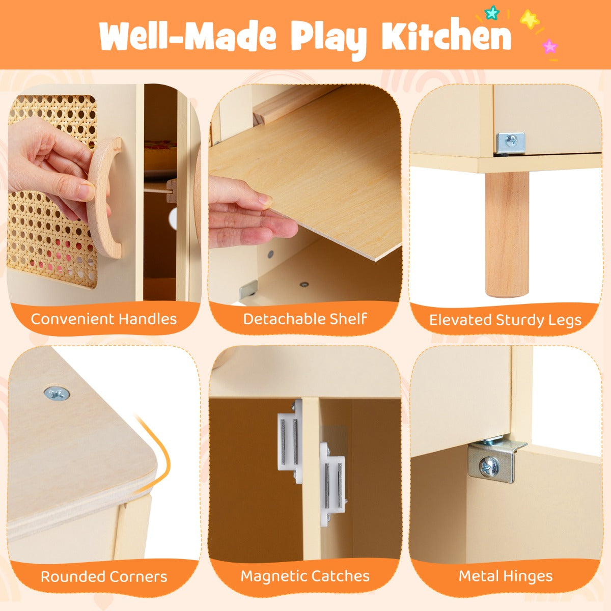 Livsk costway speelkeuken voor kinderen houten keuken met realistische ijsmachine fornuis accessoires gootsteen speelgoedkeuken met opbergruimte kinderkeuken met licht geluid geel
