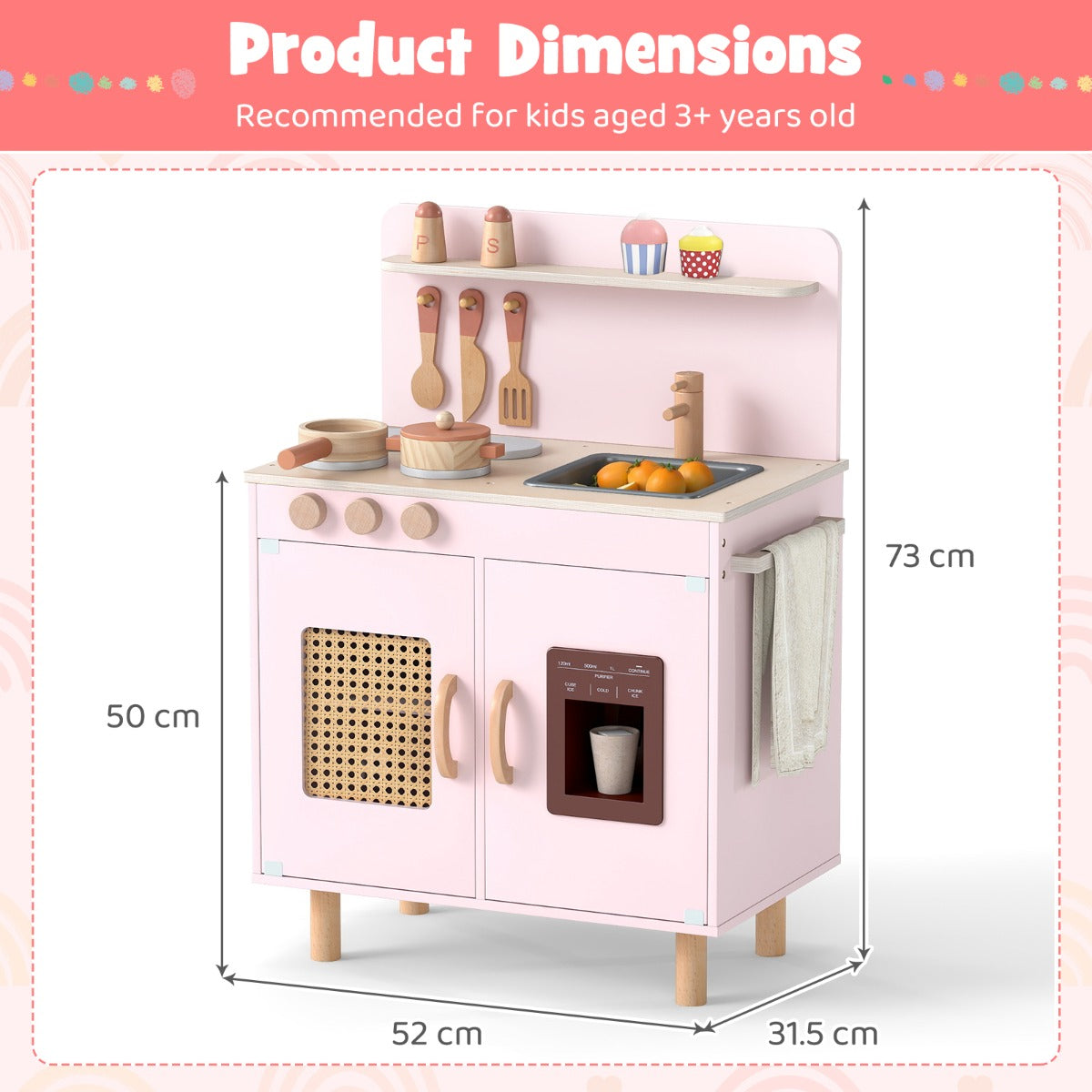 Livsk costway speelkeuken voor kinderen houten keuken met realistische ijsmachine fornuis accessoires gootsteen speelgoedkeuken met opbergruimte kinderkeuken met licht geluid roze