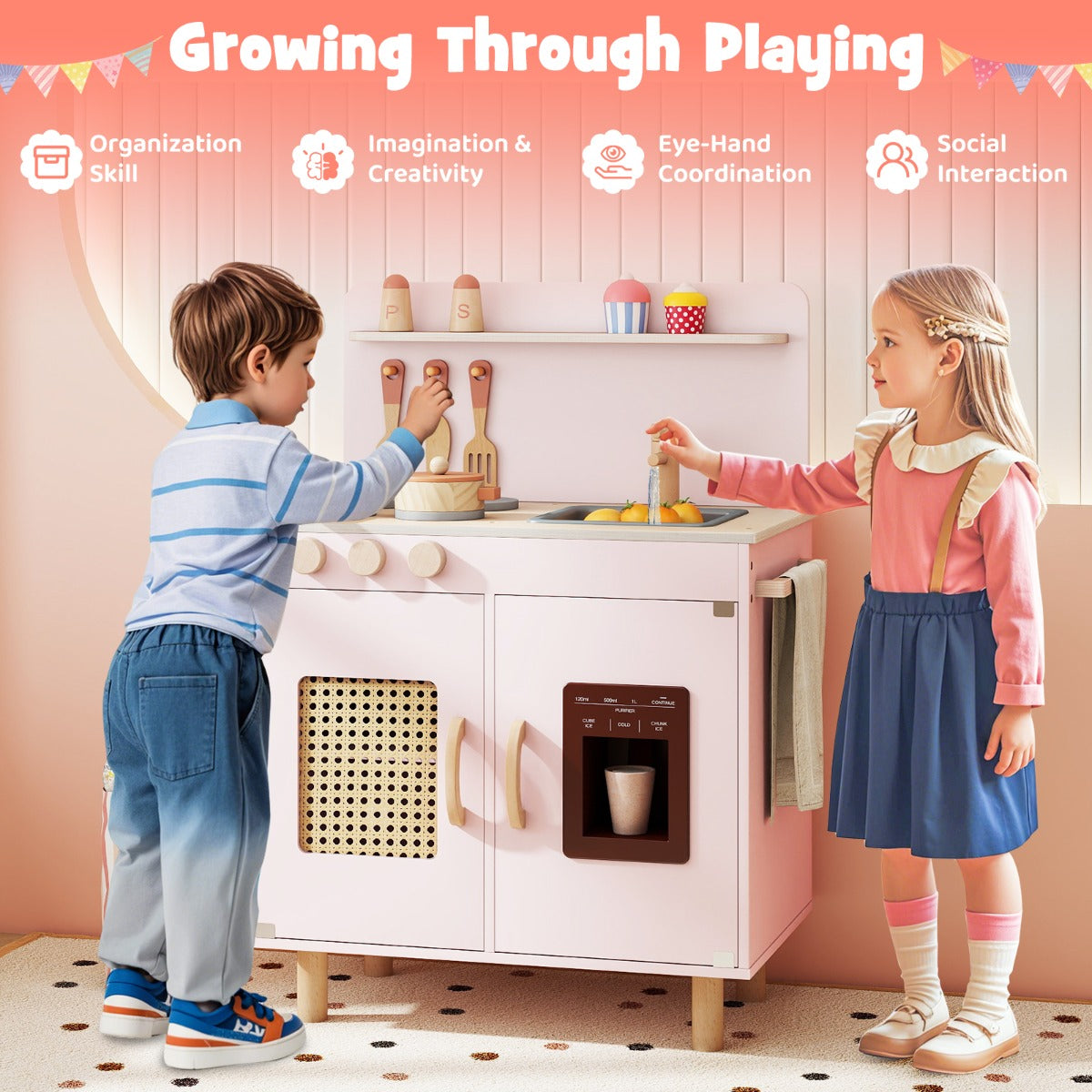 Livsk costway speelkeuken voor kinderen houten keuken met realistische ijsmachine fornuis accessoires gootsteen speelgoedkeuken met opbergruimte kinderkeuken met licht geluid roze