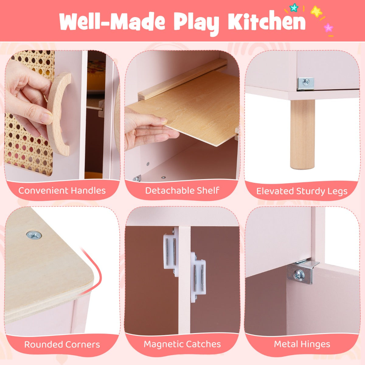 Livsk costway speelkeuken voor kinderen houten keuken met realistische ijsmachine fornuis accessoires gootsteen speelgoedkeuken met opbergruimte kinderkeuken met licht geluid roze