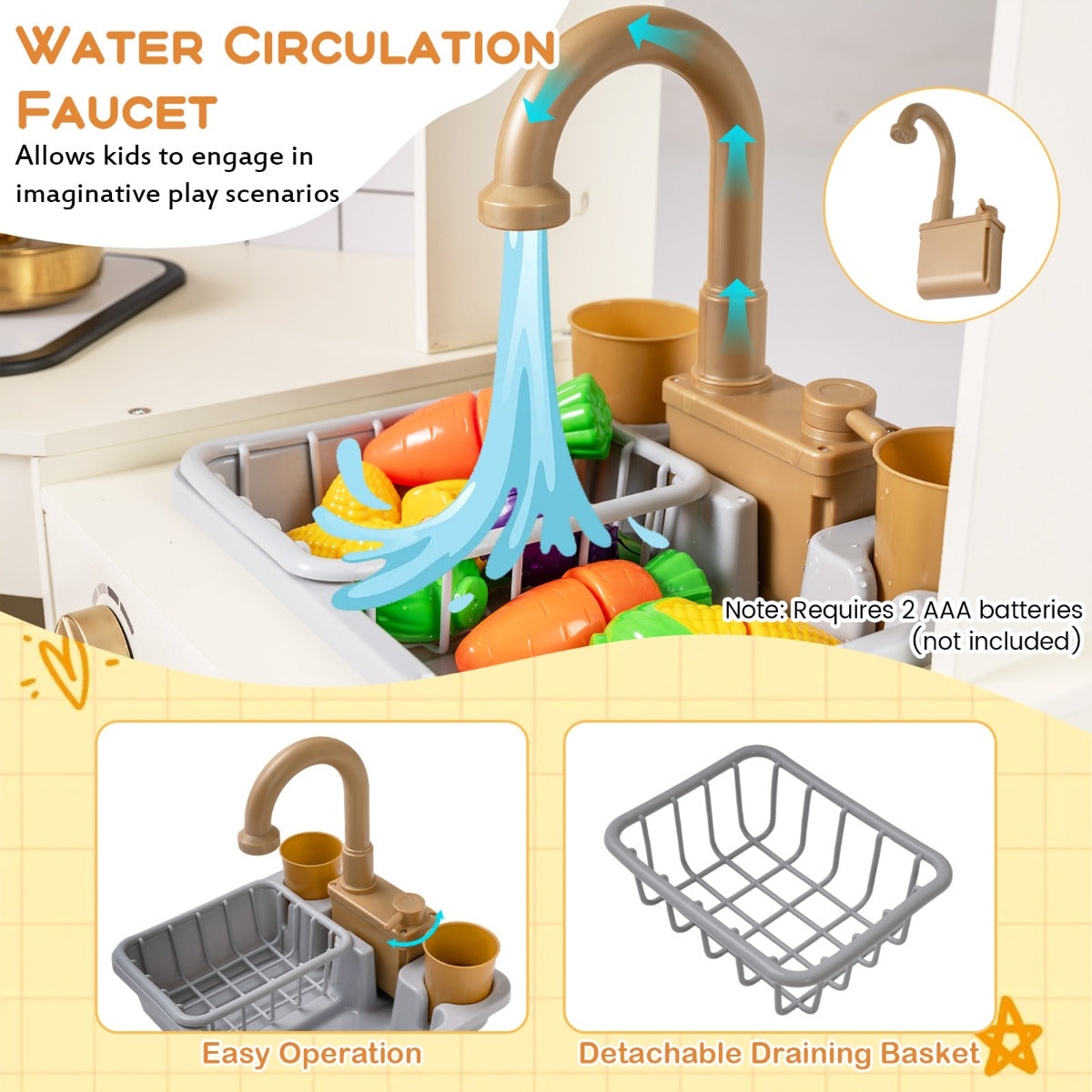 Livsk costway speelkeuken voor kinderen met een ijsmachine kookplaat oven magnetron vaatwasser kraan en kookaccessoires