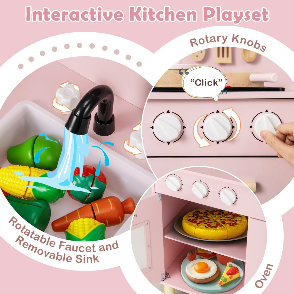 Livsk costway speelkeuken voor kinderen vanaf 3 jaar houten speelkeuken met licht geluid fornuizen gootsteen oven en keukenaccessoires roze 4