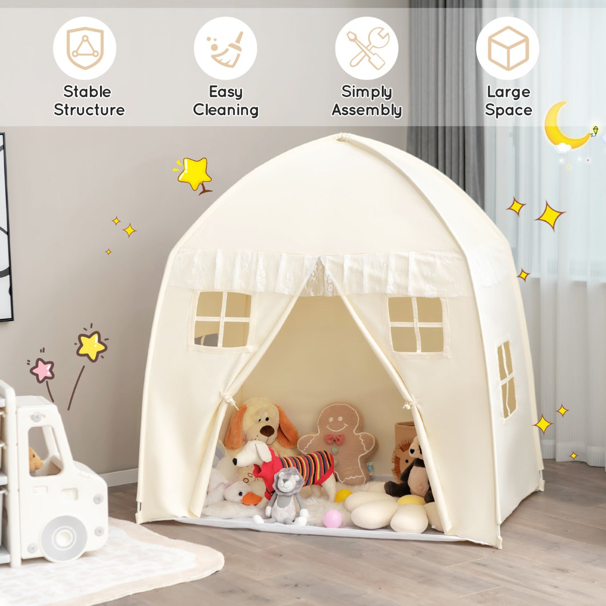 LIVSK Speeltent voor Kinderen - Draagbaar met Opbergtas - Ruim voor 2-3 Kinderen - Glasvezelframe - Wasbaar Katoenen Canvas -