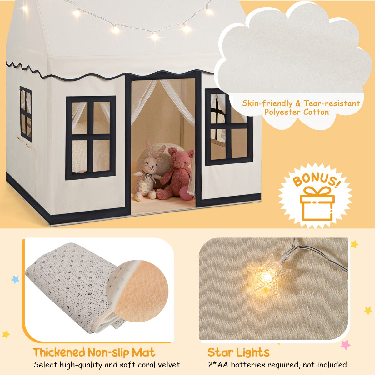 LIVSK Kinderspeeltent met Sterrenlichtslinger - Ruimte voor 3-4 Kinderen - Ademend - Stabiliteit - 121 x 101 x 137 cm - Beige