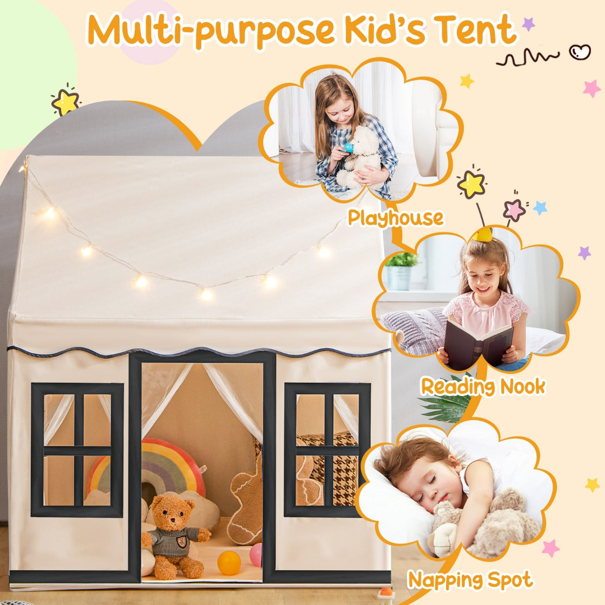 LIVSK Kinderspeeltent met Sterrenlichtslinger - Ruimte voor 3-4 Kinderen - Ademend - Stabiliteit - 121 x 101 x 137 cm - Beige