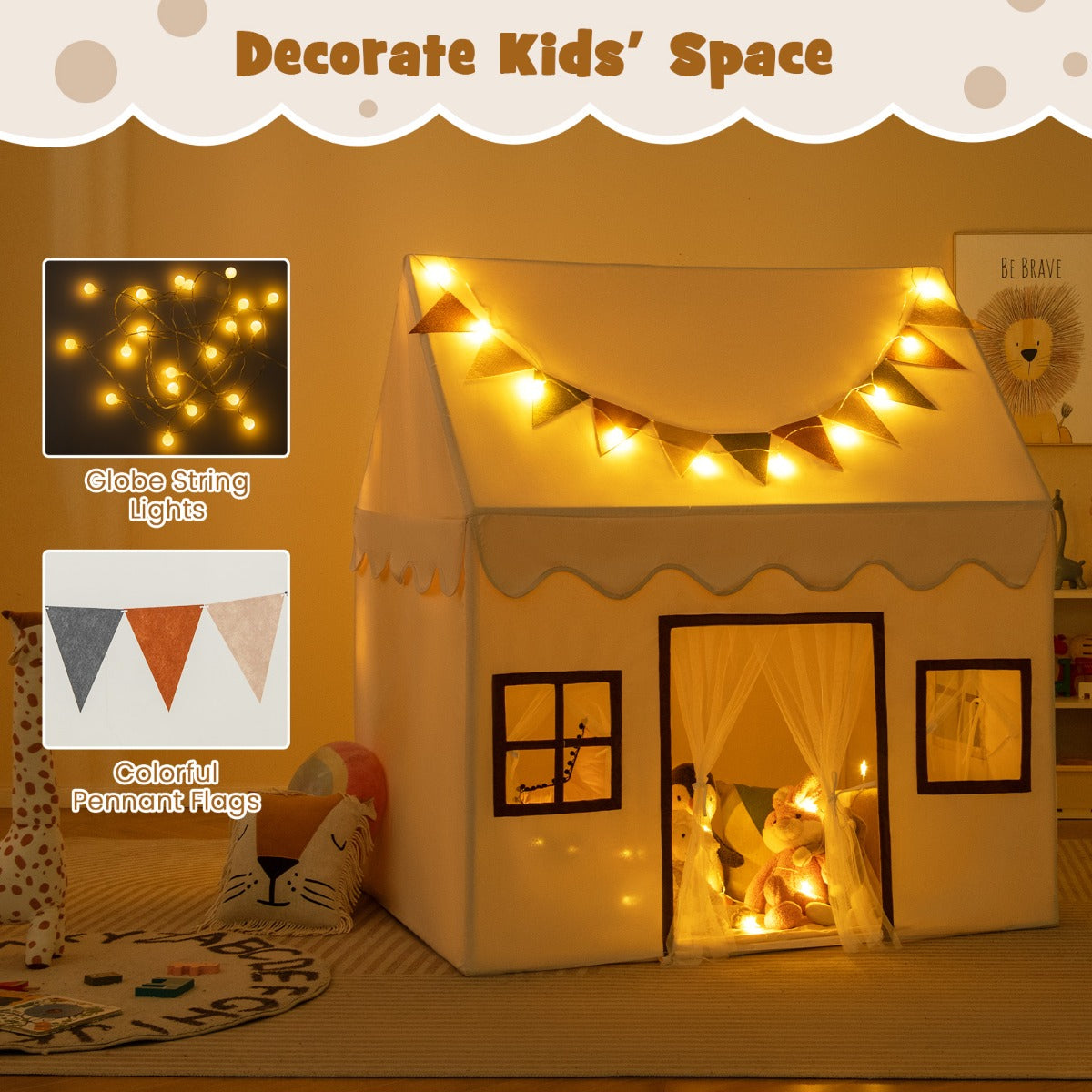 LIVSK Kinderspeeltent - Voor 3 Kinderen of 1 Volwassene - Gewatteerde Antislipmat - Gaasgordijnen en Lichtsnoeren - Beige