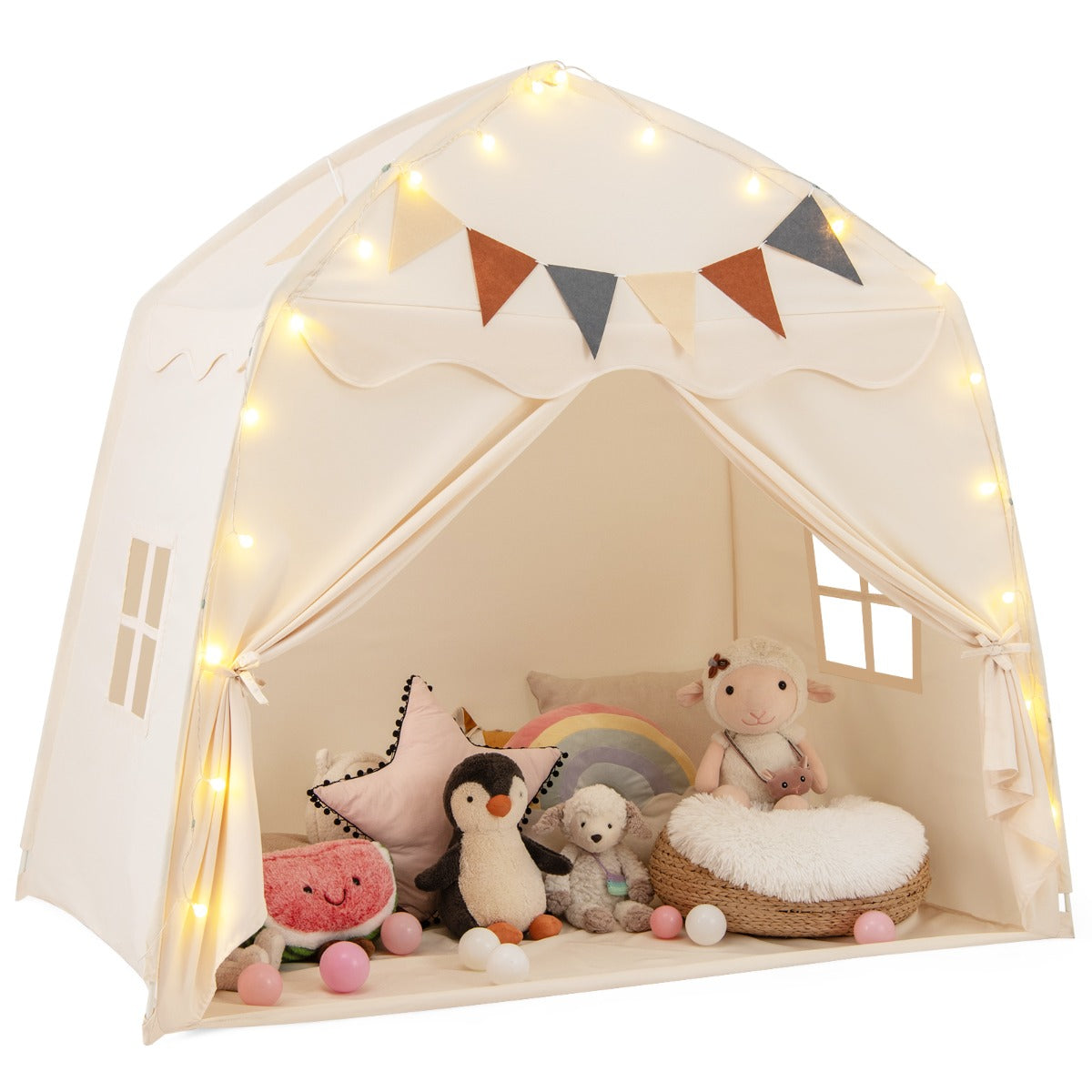 LIVSK Kindertent voor 3 Kinderen - Bohemien Stijl met Vlaggetjes en Koordlampjes - Ruimte voor Bed - 157 x 98 x 148 cm -