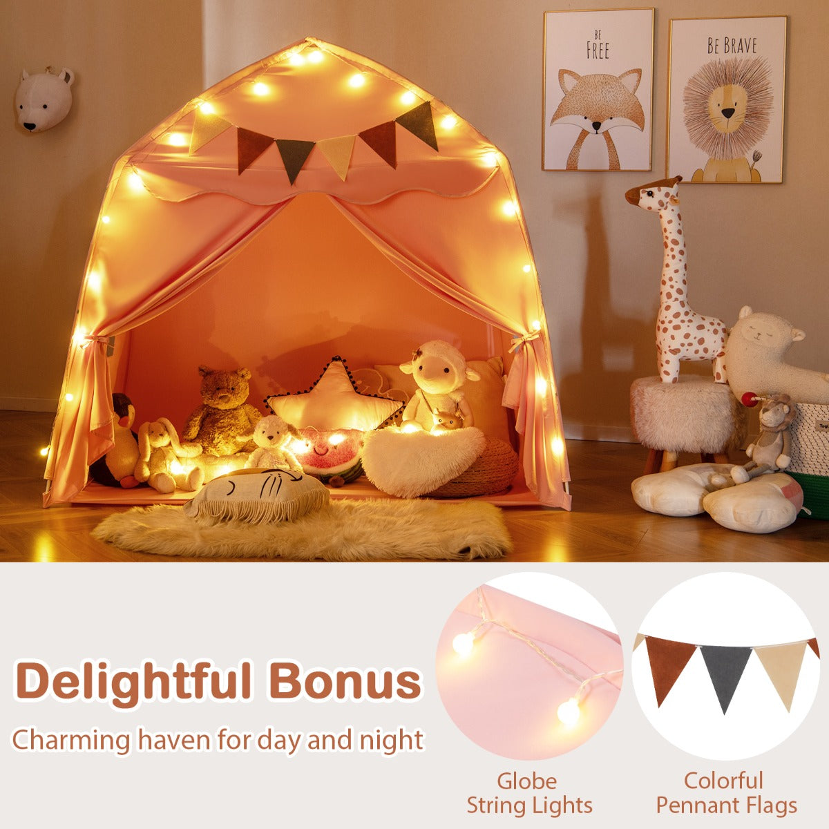 LIVSK Kinderspeeltent met Koordverlichting - Bohemienstijl - Voor 3 Kinderen - Eenvoudig op te zetten - 157 x 98 x 148 cm -