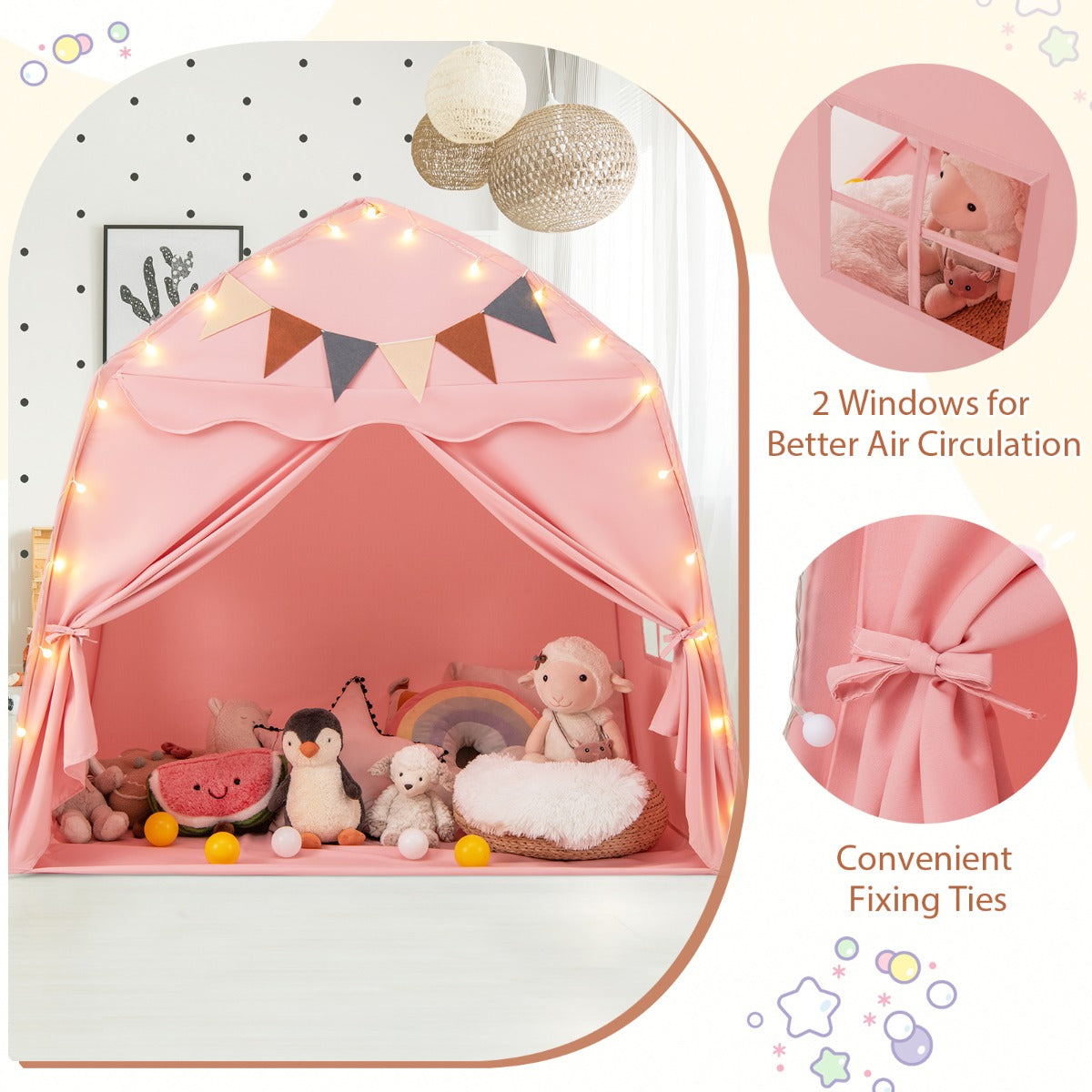 LIVSK Kinderspeeltent met Koordverlichting - Bohemienstijl - Voor 3 Kinderen - Eenvoudig op te zetten - 157 x 98 x 148 cm -