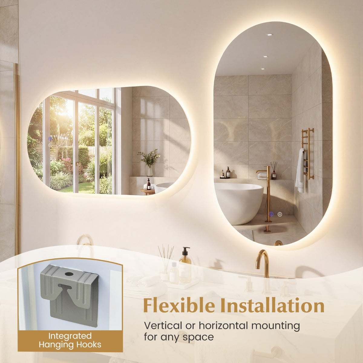 Livsk costway spiegel met led onbreekbare ovale wandspiegel zonder lijst met instelbare kleurtemperatuur in 3 standen 80 x 50 cm