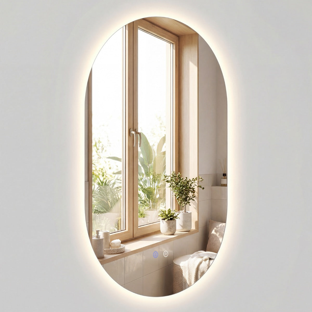 Livsk costway spiegel met led onbreekbare ovale wandspiegel zonder lijst met instelbare kleurtemperatuur in 3 standen 90 x 55 cm