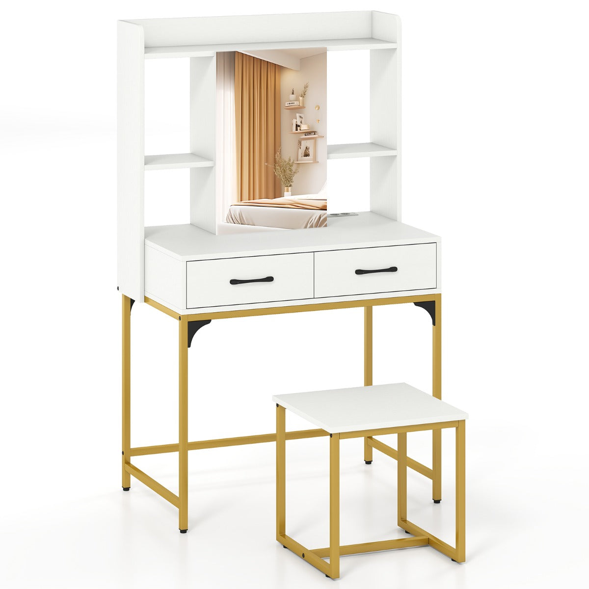 LIVSK Kaptafel met Spiegel en Kruk - Georganiseerde Opbergruimte - Ingebouwd Oplaadstation - Stabiliteit en Veiligheid - Wit