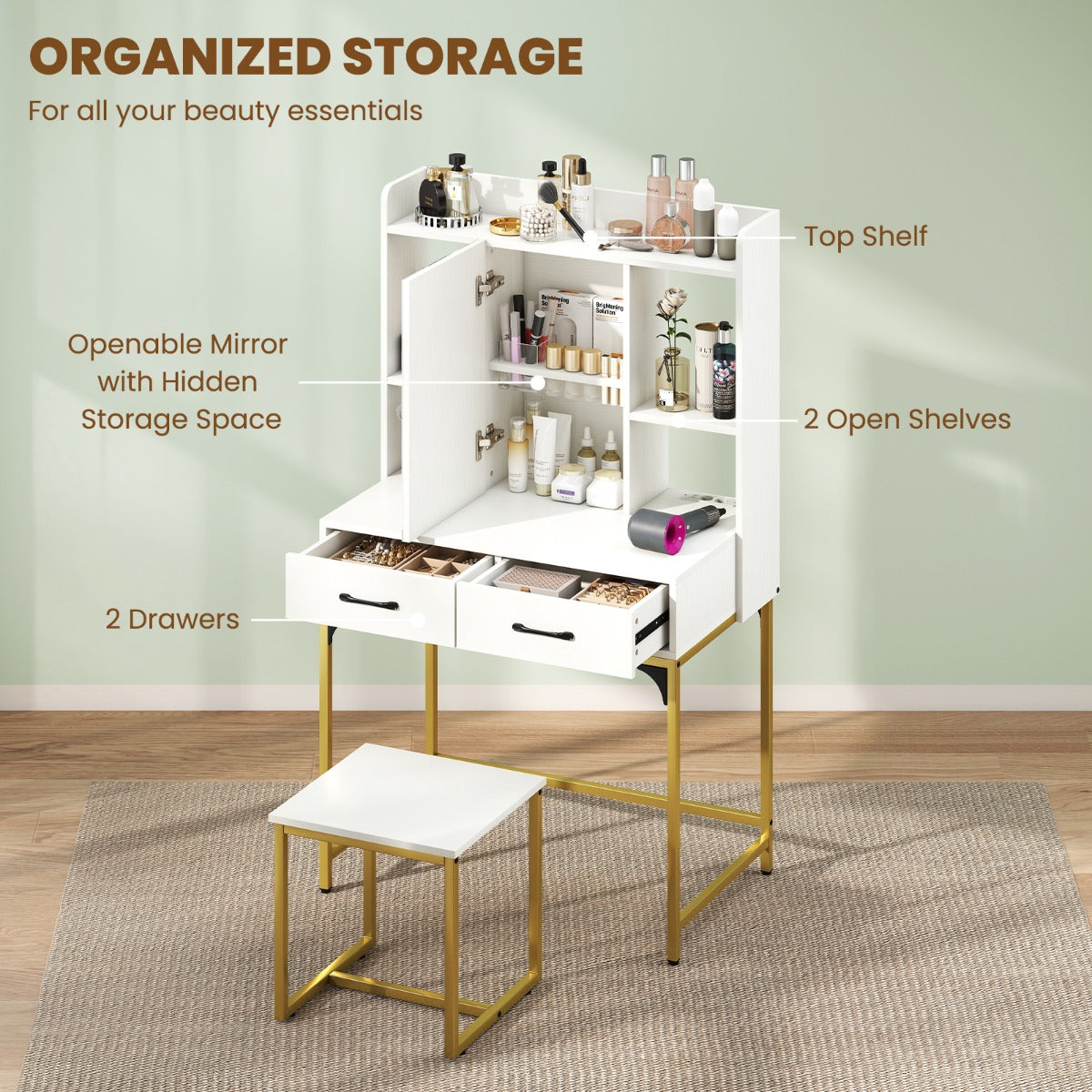 LIVSK Kaptafel met Spiegel en Kruk - Georganiseerde Opbergruimte - Ingebouwd Oplaadstation - Stabiliteit en Veiligheid - Wit