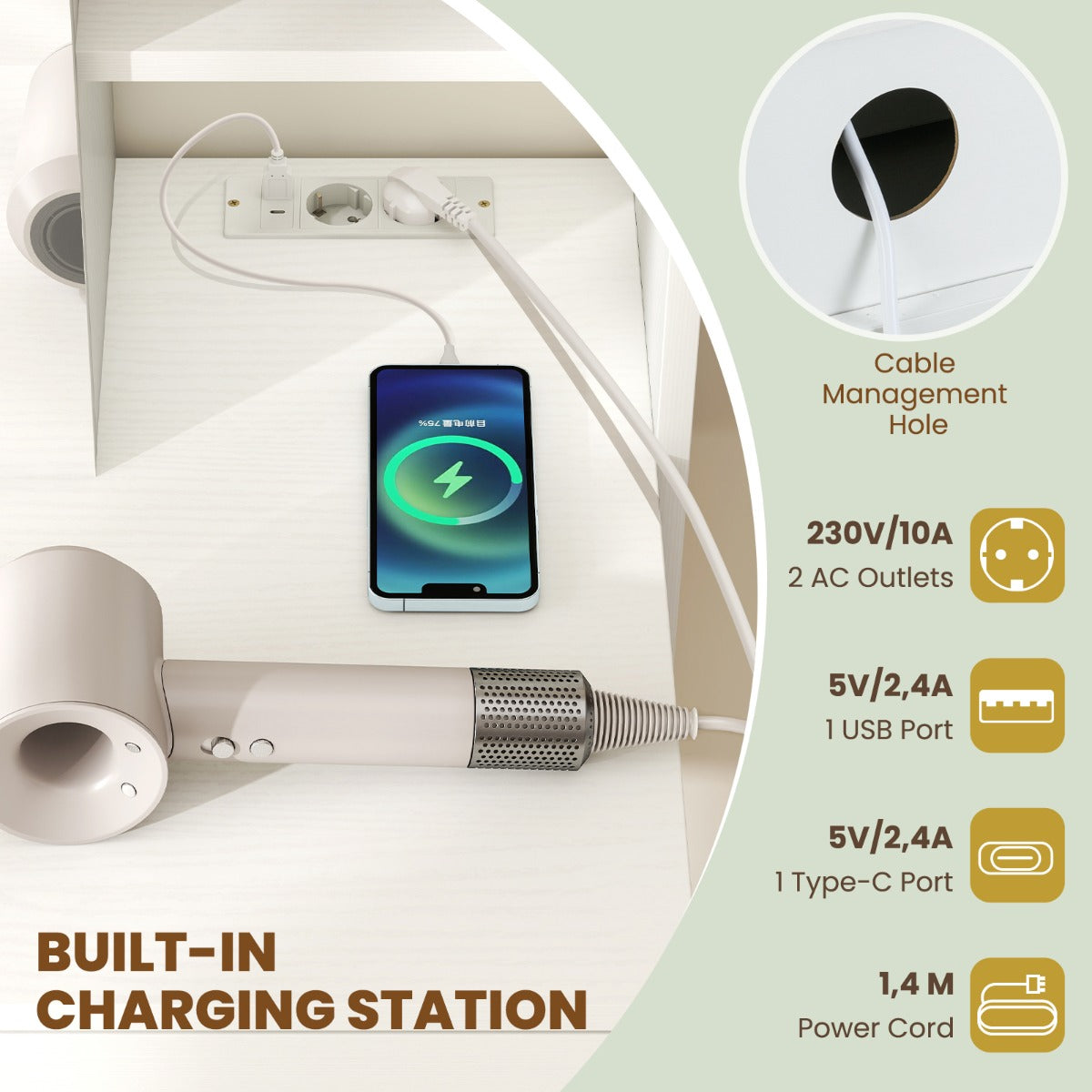 LIVSK Kaptafel met Spiegel en Kruk - Georganiseerde Opbergruimte - Ingebouwd Oplaadstation - Stabiliteit en Veiligheid - Wit