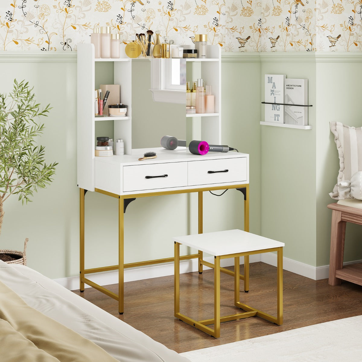 LIVSK Kaptafel met Spiegel en Kruk - Georganiseerde Opbergruimte - Ingebouwd Oplaadstation - Stabiliteit en Veiligheid - Wit