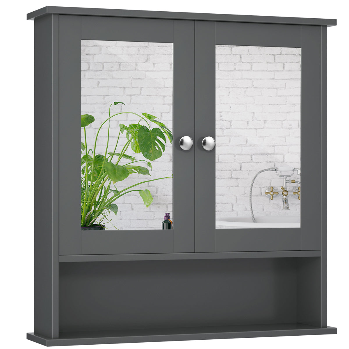 LIVSK Wandkast met Spiegels - Verstelbare Planken - Duurzaam MDF - Magnetische Deurvangers - 56,5 x 13,5 x 58,5 cm - Grijs