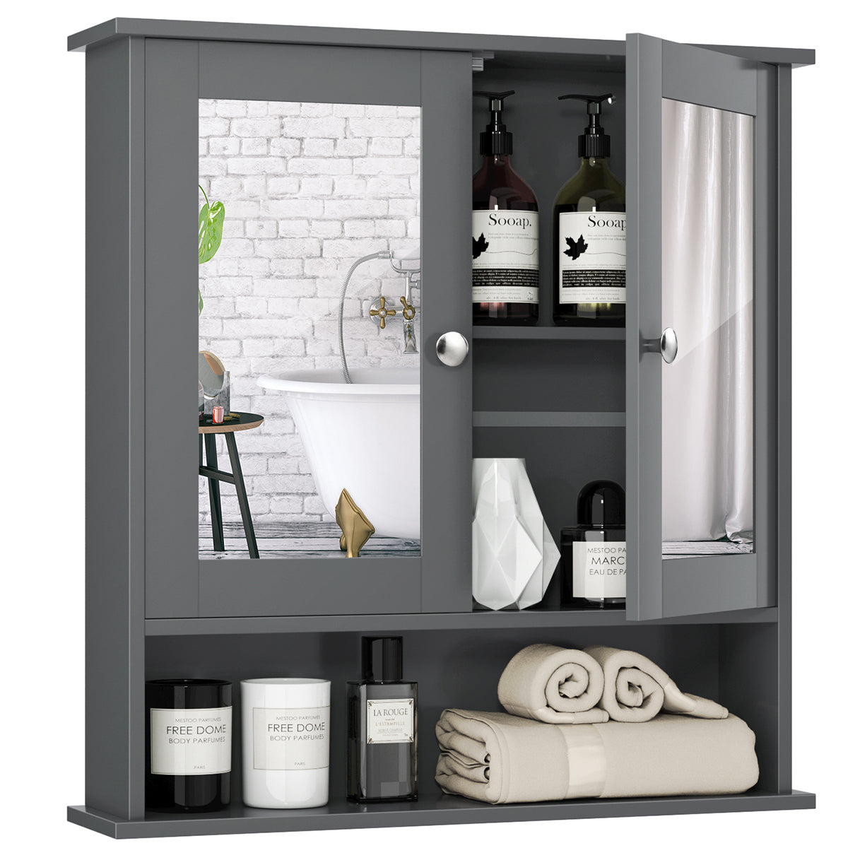 LIVSK Wandkast met Spiegels - Verstelbare Planken - Duurzaam MDF - Magnetische Deurvangers - 56,5 x 13,5 x 58,5 cm - Grijs