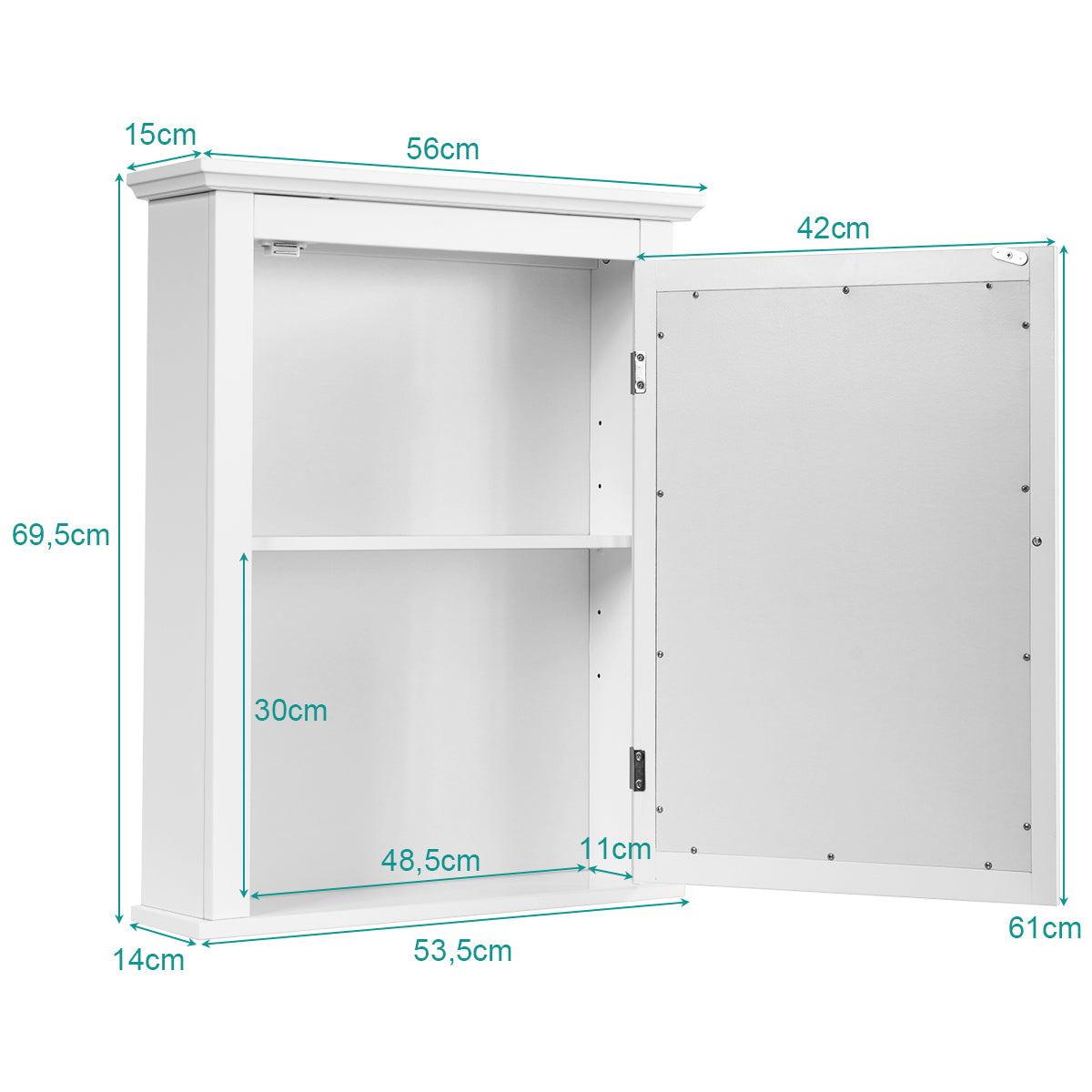 LIVSK Wandgemonteerde Spiegelkast - Moderne Witte Afwerking - 2 Planken - Vochtbestendig - Eenvoudig te Monteren - 56 x 15 x 69,5