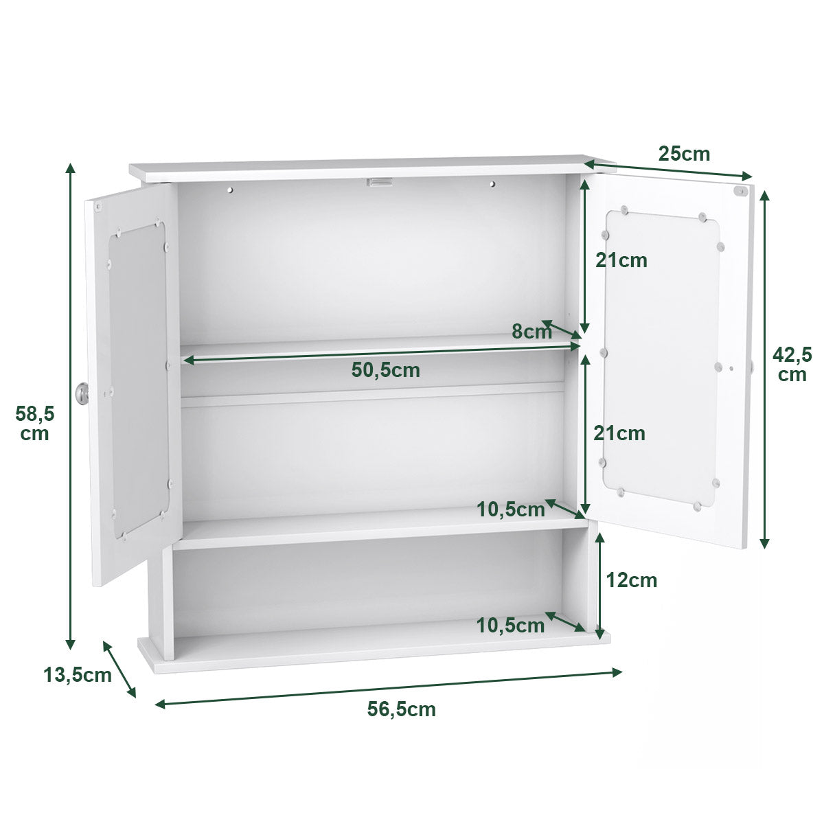 LIVSK Wandkast met Spiegels - Verstelbare Plank - Magnetische Deurvangers - Ruimtebesparend - 56 x 13 x 58 cm - Wit