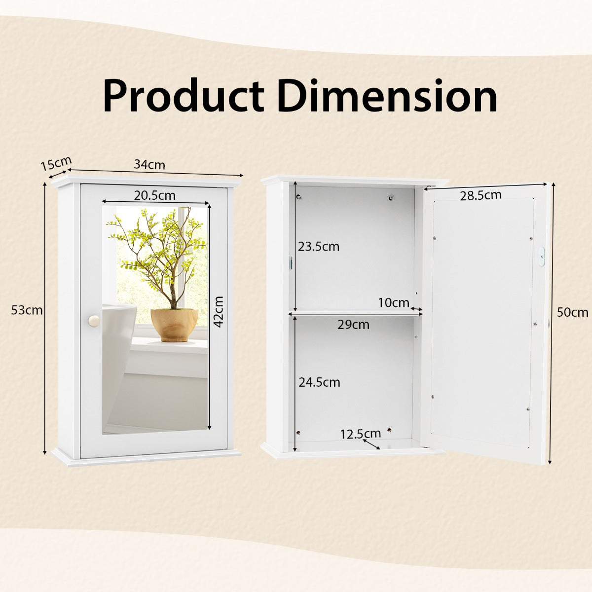 LIVSK Wandkast met Spiegel - In hoogte verstelbare planken - Ruimtebesparend ontwerp - Duurzaam MDF - 34 x 15 x 53 cm - Wit