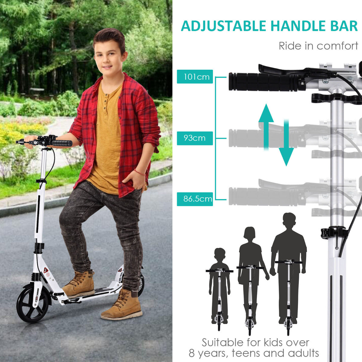 LIVSK Sportstep voor Kinderen - Verstelbaar Stuur - Opvouwbaar - Grote 200mm Wielen - Tot 100 kg - Wit