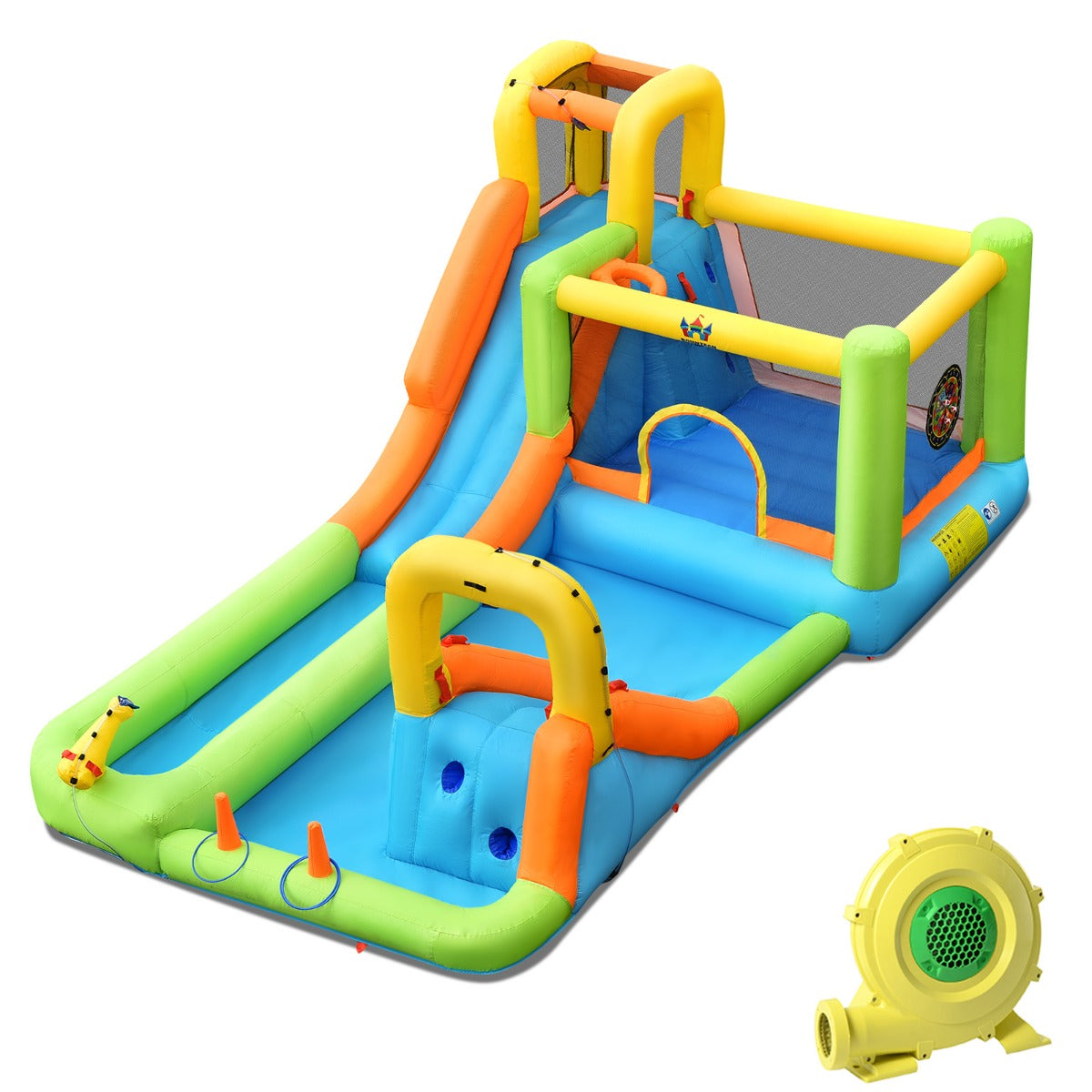 LIVSK Opblaasbaar Waterspringkasteel - Met Glijbanen, Basketbalmand en Waterpistool - Inclusief Accessoires - Voor 3 Kinderen -